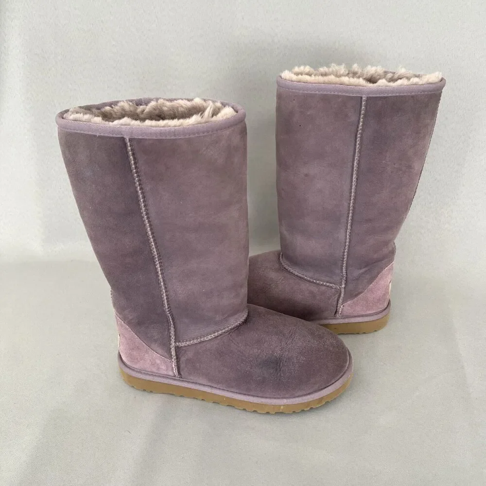Womens UGG Boots Classic Tall Purple Sheepskin Suede Wool Boho Malibu Sz 6 Fits7 - Picture 2 of 16